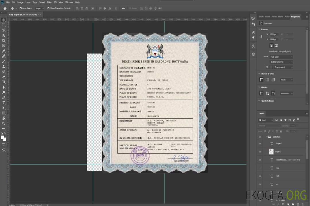 Modèle PSD de certificat de décès de l'état civil du Botswana template